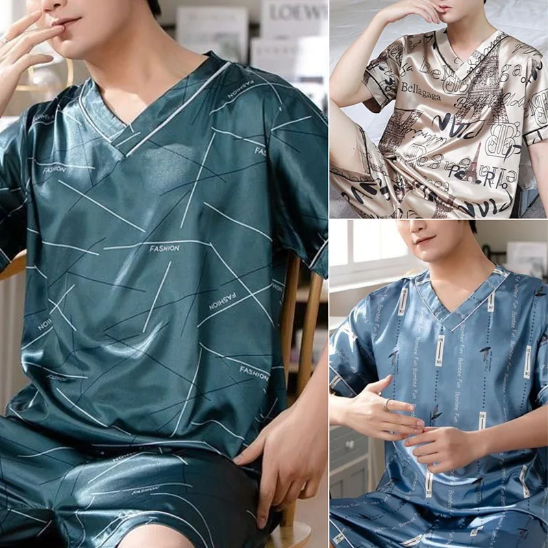 Pajamas Men Silk Thin Short-Sleeved Two-Piece Suit Korean Version of the Loose Large Size Men Homewear with Letters Sleepwear