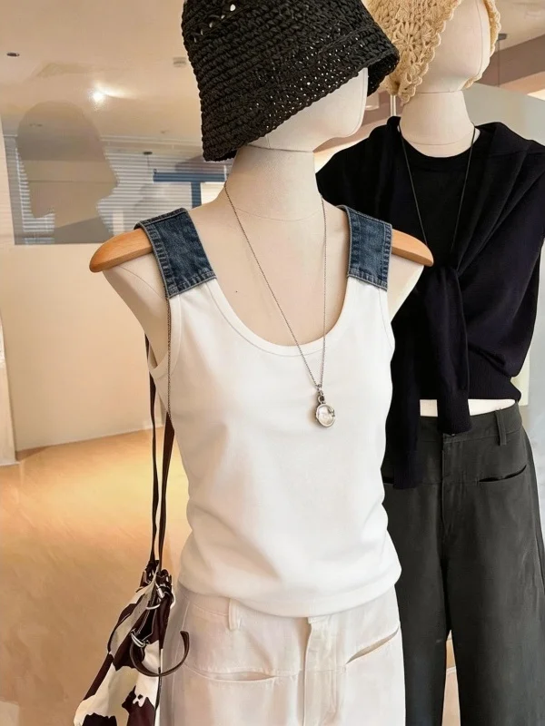 

High-End Women's Sleeveless U-Neck Tank Top with Wide Straps Egg Outerwear Summer Commute Style Korean Version Cotton Blend