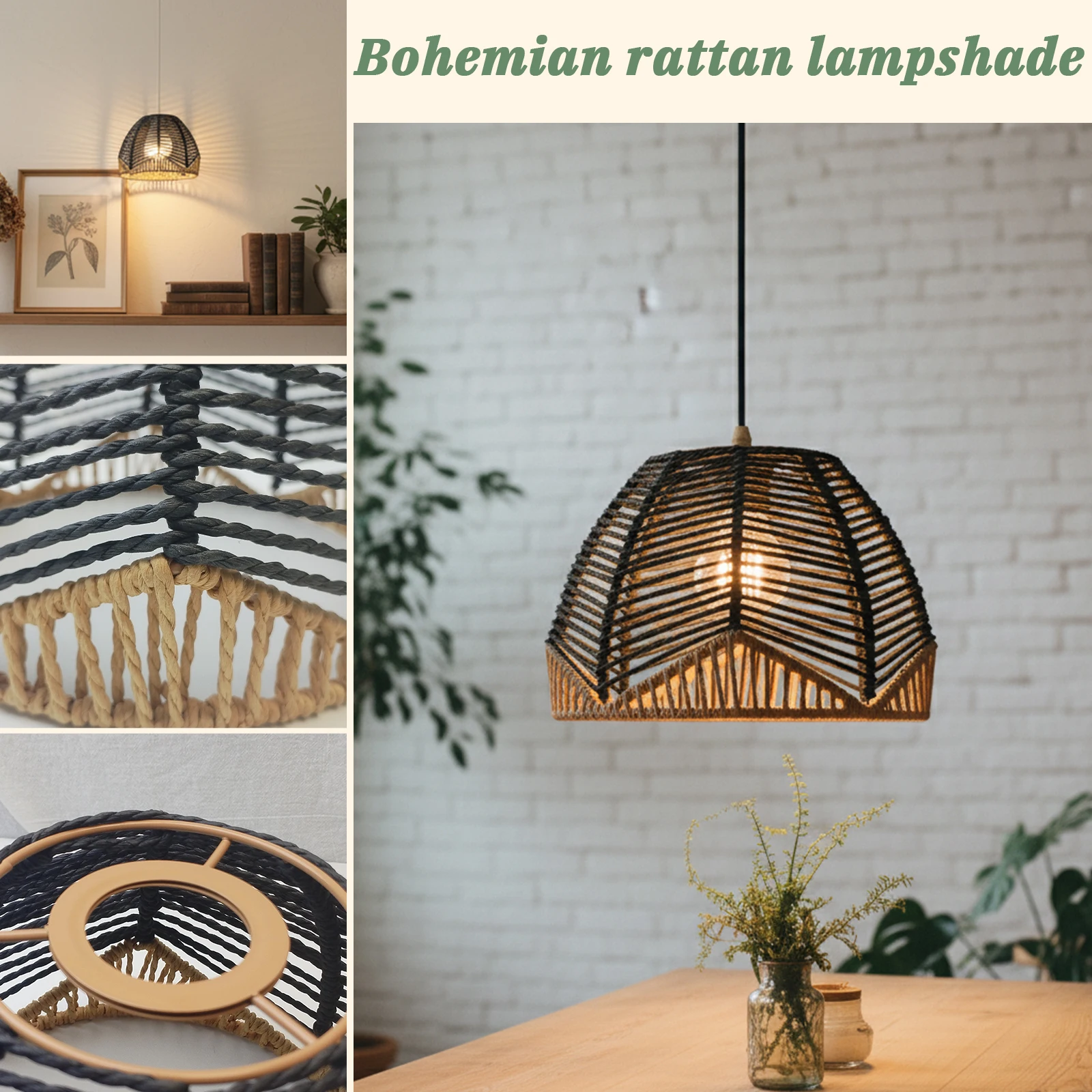 Bohemian Lamp Shade, Half Dome Woven Rattan for Pendant Wall Table Lamp Decor