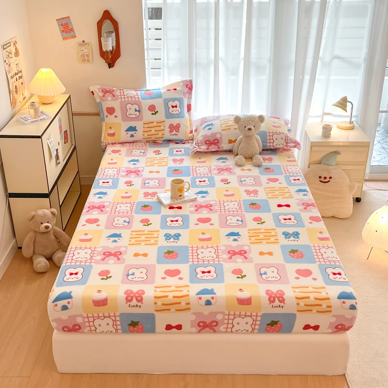 3Pcs Cartoon Plaid Rabbit Flannel Fitted Sheet Set Kawaii Mattress Protector for Kids Girls Winter Warmth Soft Fuzzy Bedding Set