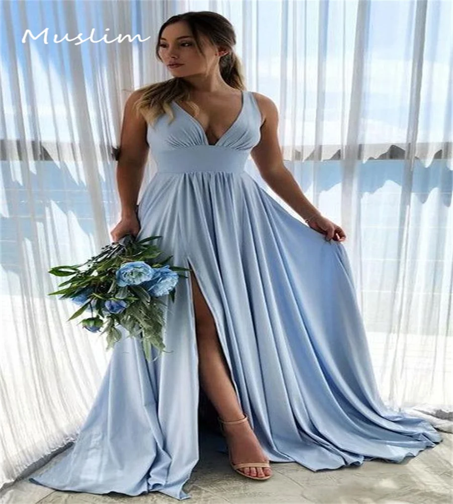 

Light Blue Bridesmaid Dress Sexy V Neck Boho Beach Wedding Guest Dress Slit Holiday Formal Prom Dress Evening Party Customized