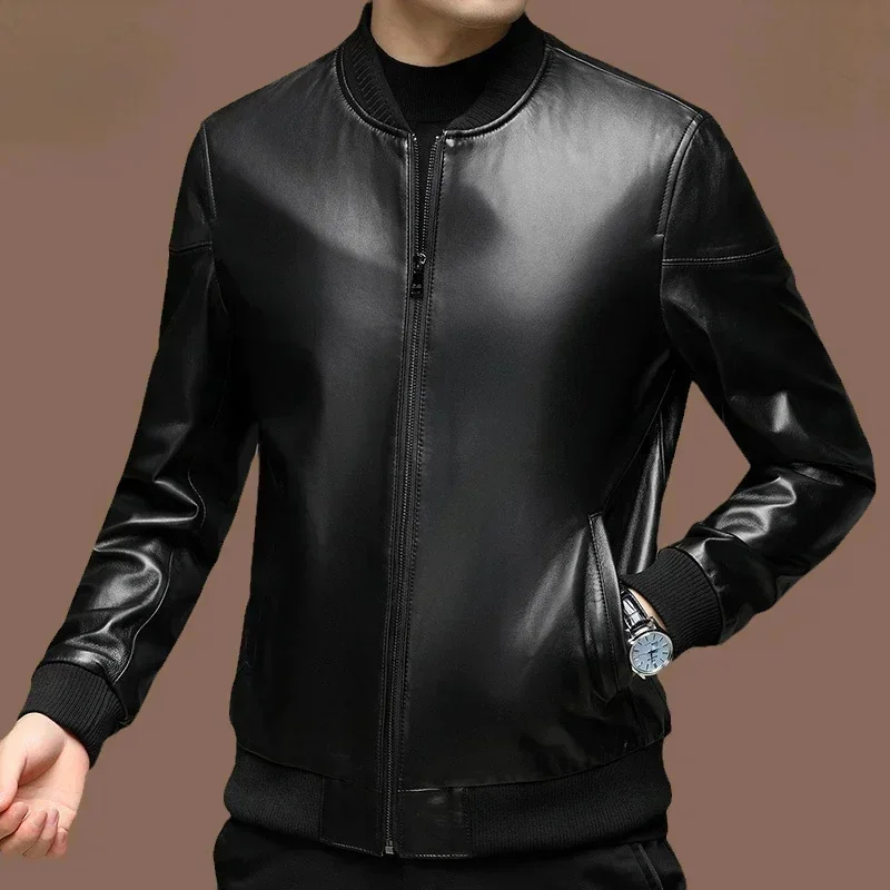 High End Real Sheepskin Leather Jacket for Men Baseball Collar Coat Business Casual Genuine Jackets Veste Homme