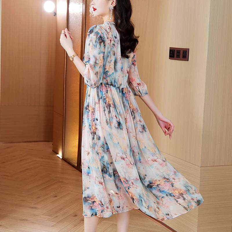 2025 wiosenna plaża kwiatowy jedwabna sukienka Midi kobiety w stylu Vintage moda Boho lekka sukienka na co dzień koreański elegancki luksusowy festiwal Vestidos