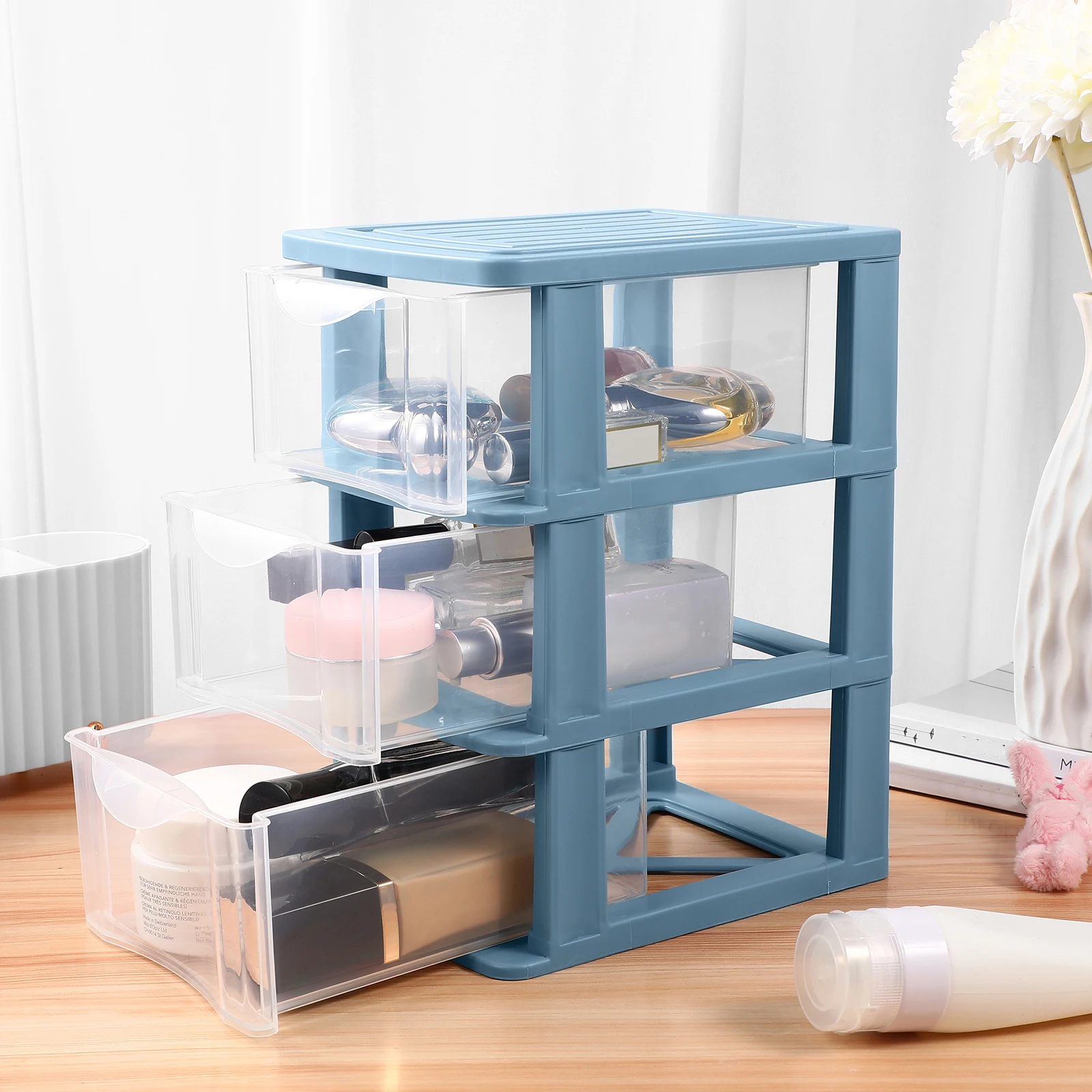 

Plastic Desk Organizer 3 Tier Tall Blue Drawer Storage Box Transparent Dustproof For Stationery Makeup Tools Wide Use