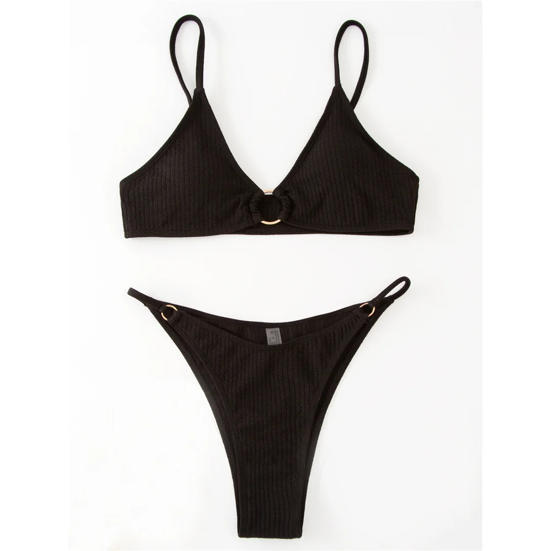 Gerippter Metallring-Bikini, zweiteiliger Damen-Badeanzug, Damen-Badebekleidung, hoch geschnittene Beine, gepolsterter Badeanzug, Badeanzug, Schwimmkleidung V7120 – Detail 11
