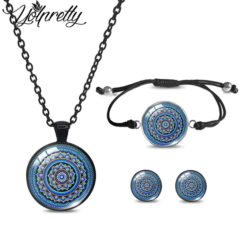 2023 New Arrival Mandala Flowers Black Necklace Rope Bracelet Stud Earrings Sets Glass Cabochon Jewelry Sets for Women