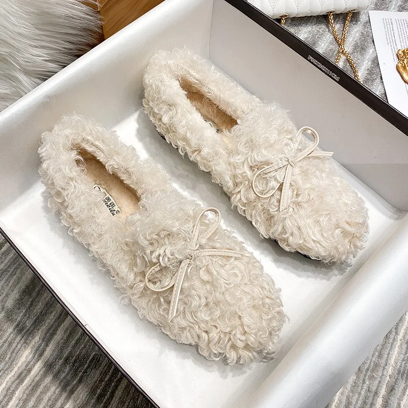 

Fuzzy Moccasins Woman Bowtie Flats Winter Cotton Fur Lined Shoes Ladies Curly Wool Loafers Femmes Shearling Boots