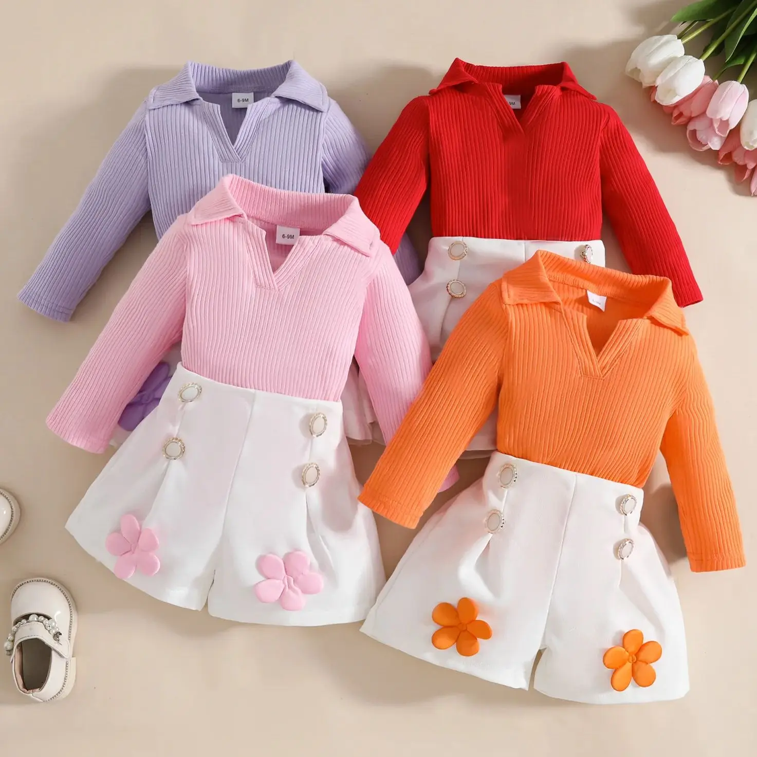 

Autumn Winter Baby Girls 2 Piece Outfit Set Long Sleeve Polo Top+Flower Shorts Cute Children's Clothing For Toddler Daily Wear