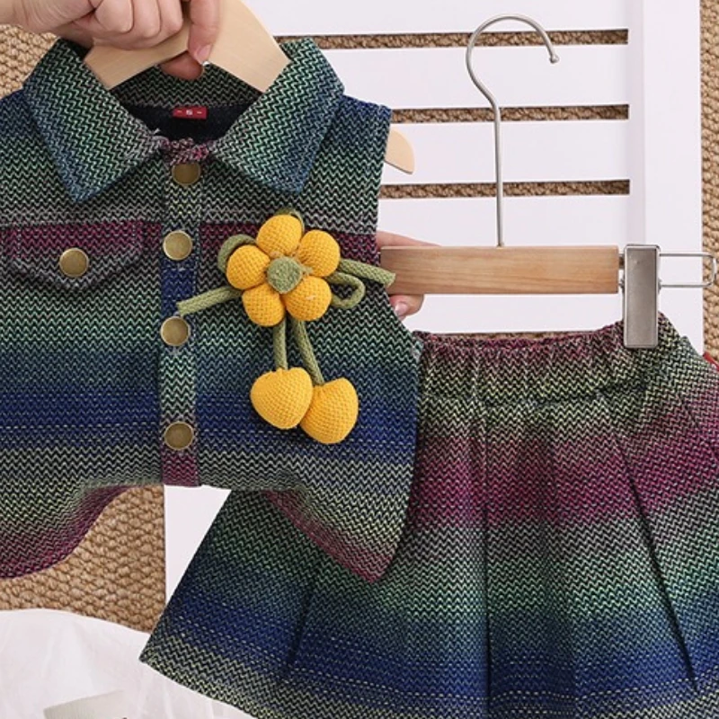 

Children's Spring, Summer, Autumn Set, Girls' Denim Flower Vest Skirt Two-piece Set, Korean Style