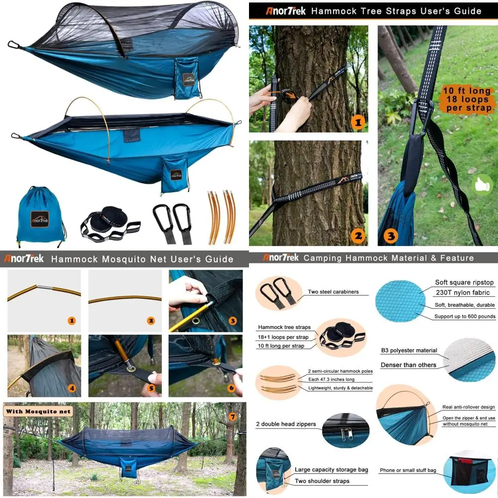 

Легкие двойные гамаки для кемпинга с москитной сеткой для пеших прогулок, походов и приключений на свежем воздухе | В комплект входит 10-футовое дерево Stra.