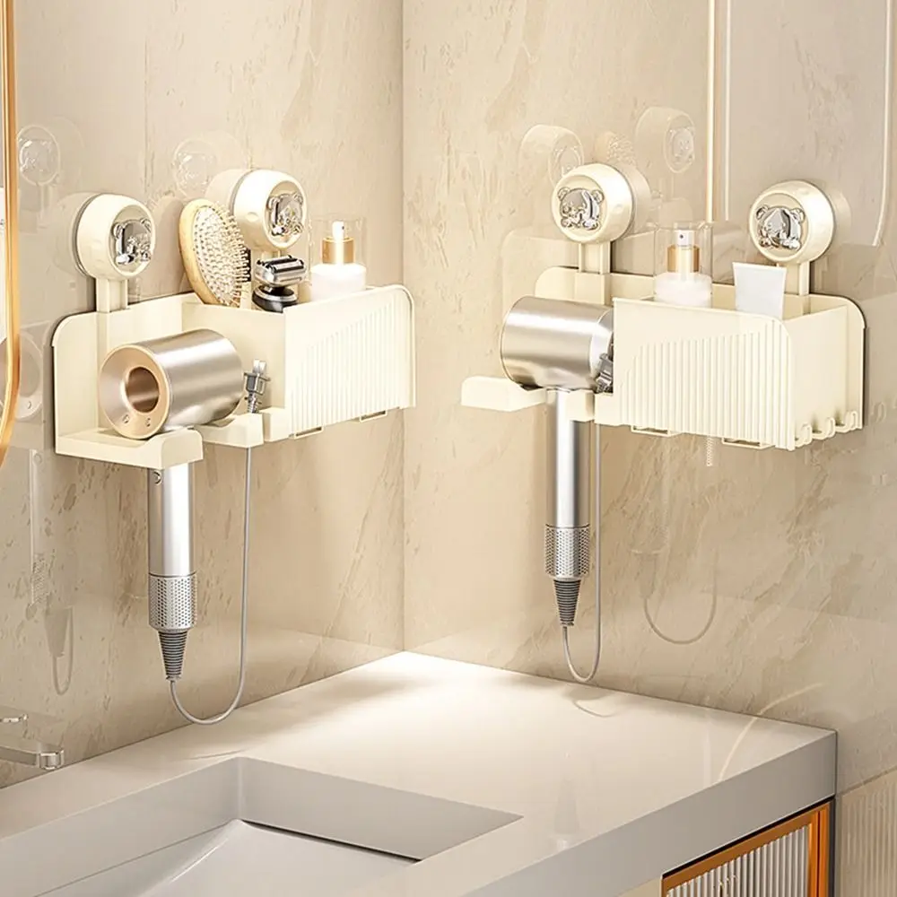 

Plastic Suction Cup Hair Dryer Holder Punch-free Wall Mounted Hair Dryer Storage Rack with Storage Box Space Saving