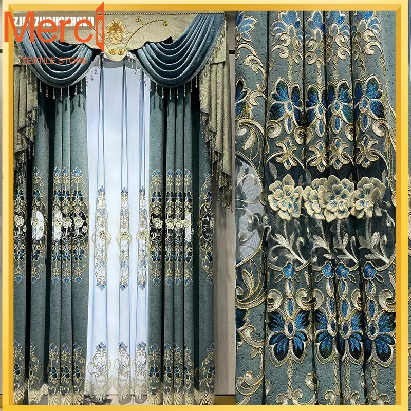 

New High-grade Customized Cashmere European Embroidered Curtains For Living Dining Room Bedroom Luxury Embroidery Floor Windows