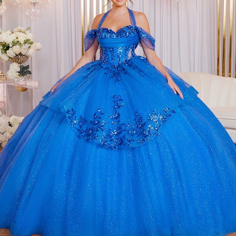 

Royal Blue Shiny Quinceanera Dresses Off Shoulder Vestidos De 15 Años Sequin Applique Beads Bow Tull Formal Birthday Party Sweet