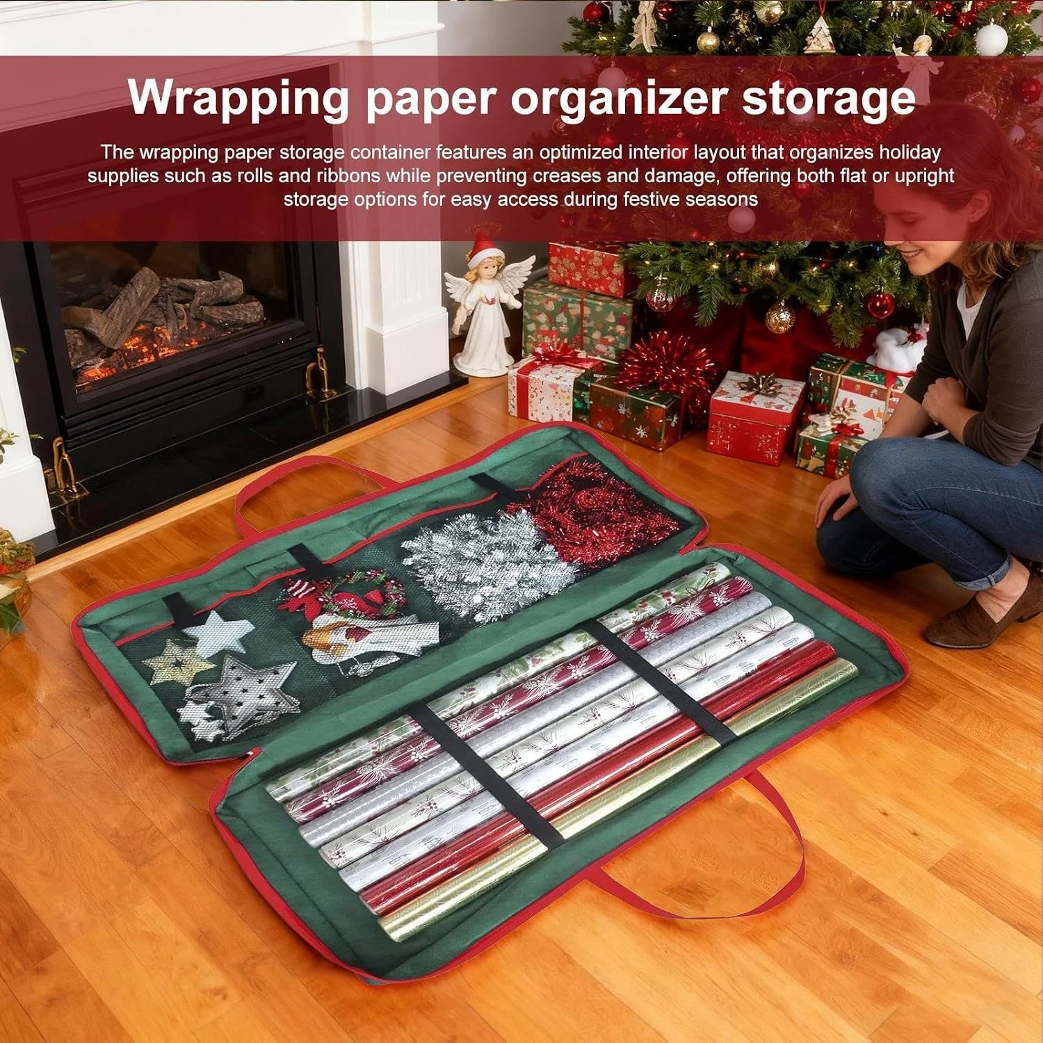 Christmas Wrapping Paper Organizer Under Bed Storage Bag Deep Pockets Handles Zippered for Ribbon Bows Gift Wrap Rolls