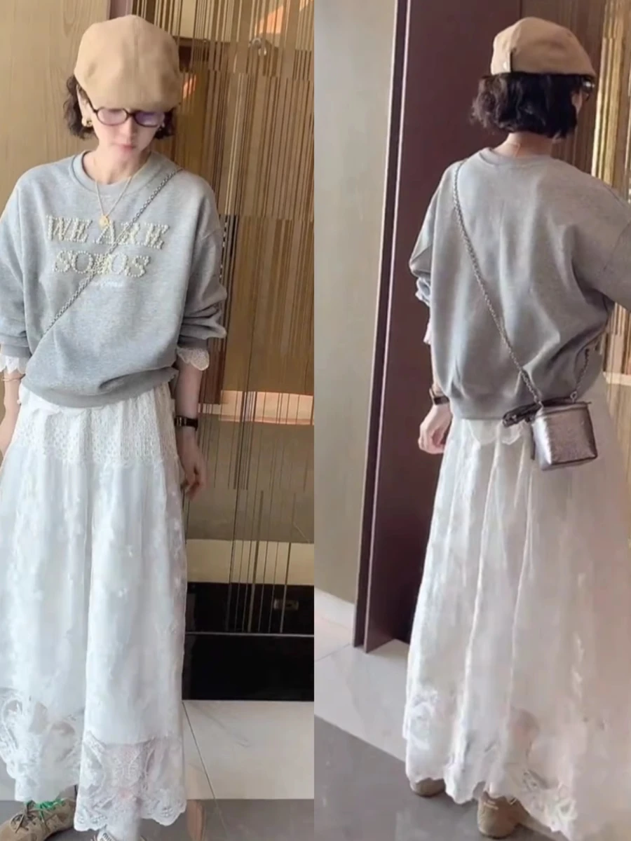 Ele Lace Splice A-Line  Skirt Women's Faion Slimming Design White f-length Skirt Casual Straight Tube Summer Thin