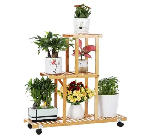 3 layer indoor and outdoor rolling plant flowerpot stand bamboo  