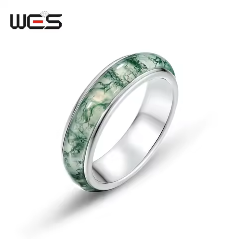 WES 925 Sterling Silver Natural Moss Agate Ring For Women Unique Stone 4*22mm Christmas Gift Certified Jewelry Wedding Wholesale
