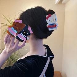 Sanurgente-Pince à cheveux en cuir noir Anime Hello Kitty, grande épingle à cheveux Kawaii Y2K, accessoires pour chignon de dessin animé mignon, cadeaux pour filles