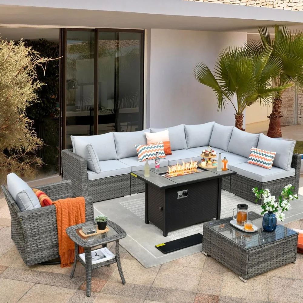 

10 Pieces Outdoor Patio Furniture Set, Rattan Wicker Swivel Rocker Chairs Sets with Fire Pit,Glider Chairs, and Coffee Table