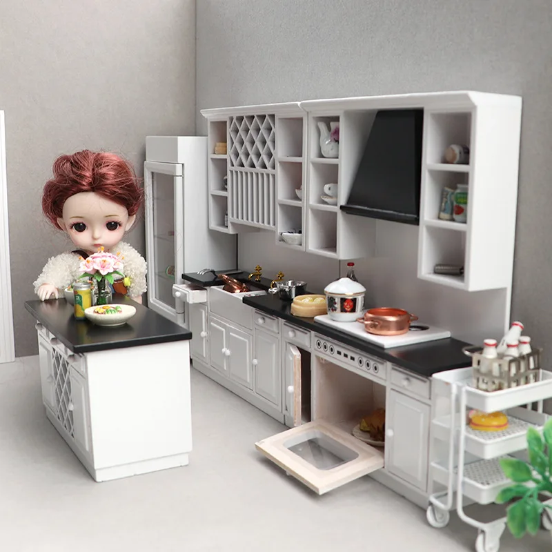 1:12 dollhouse dollhouse mini furniture modern kitchen micro scene white kitchen cabinet three-piece set