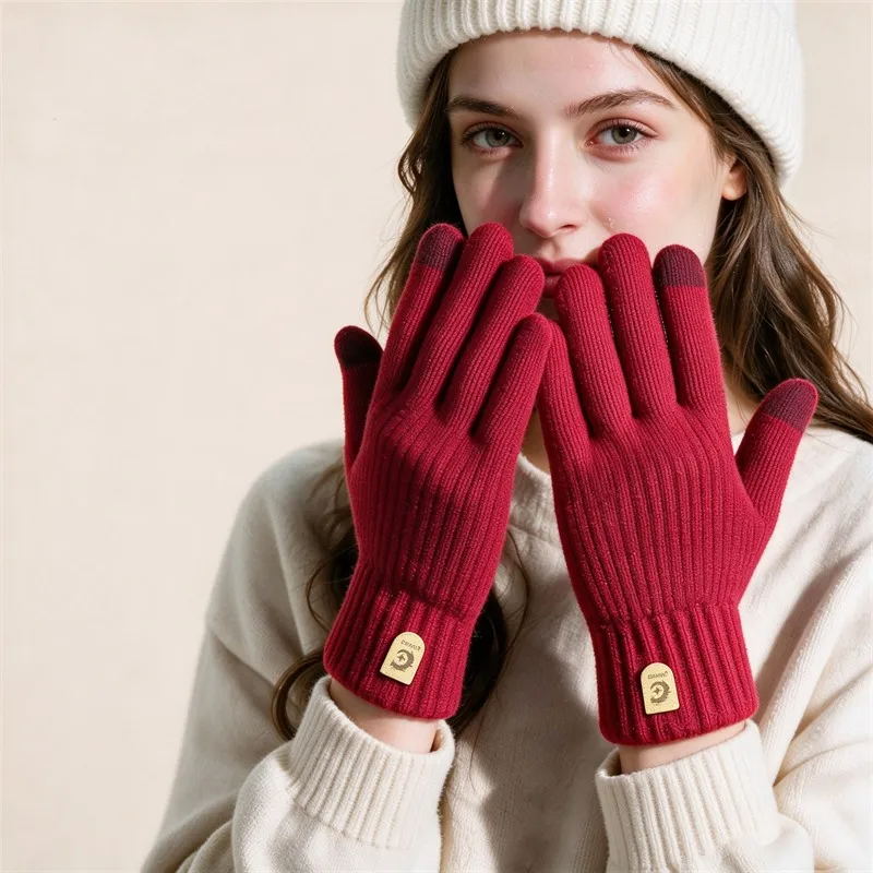 New Winter Warm Men's Women  Knitted Gloves Touch Screen Thickened Cold-proof Double-layer Cotton Cycling Gloves