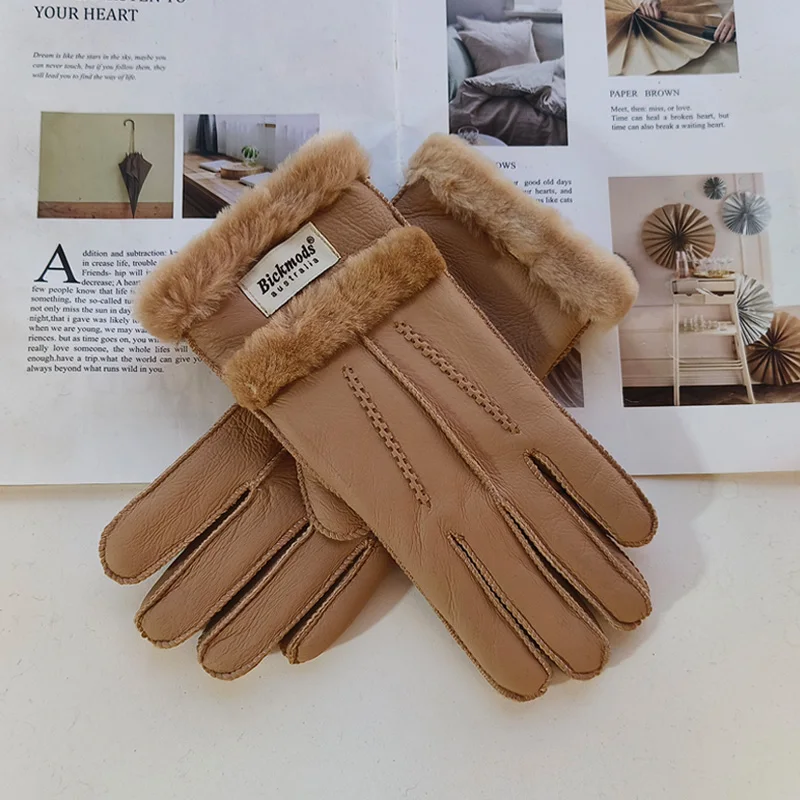 New Women Leather Gloves Hand-Stitched Winter Thick Warm Wool A Variety Of Colors Stitching Style Sheepskin Fur