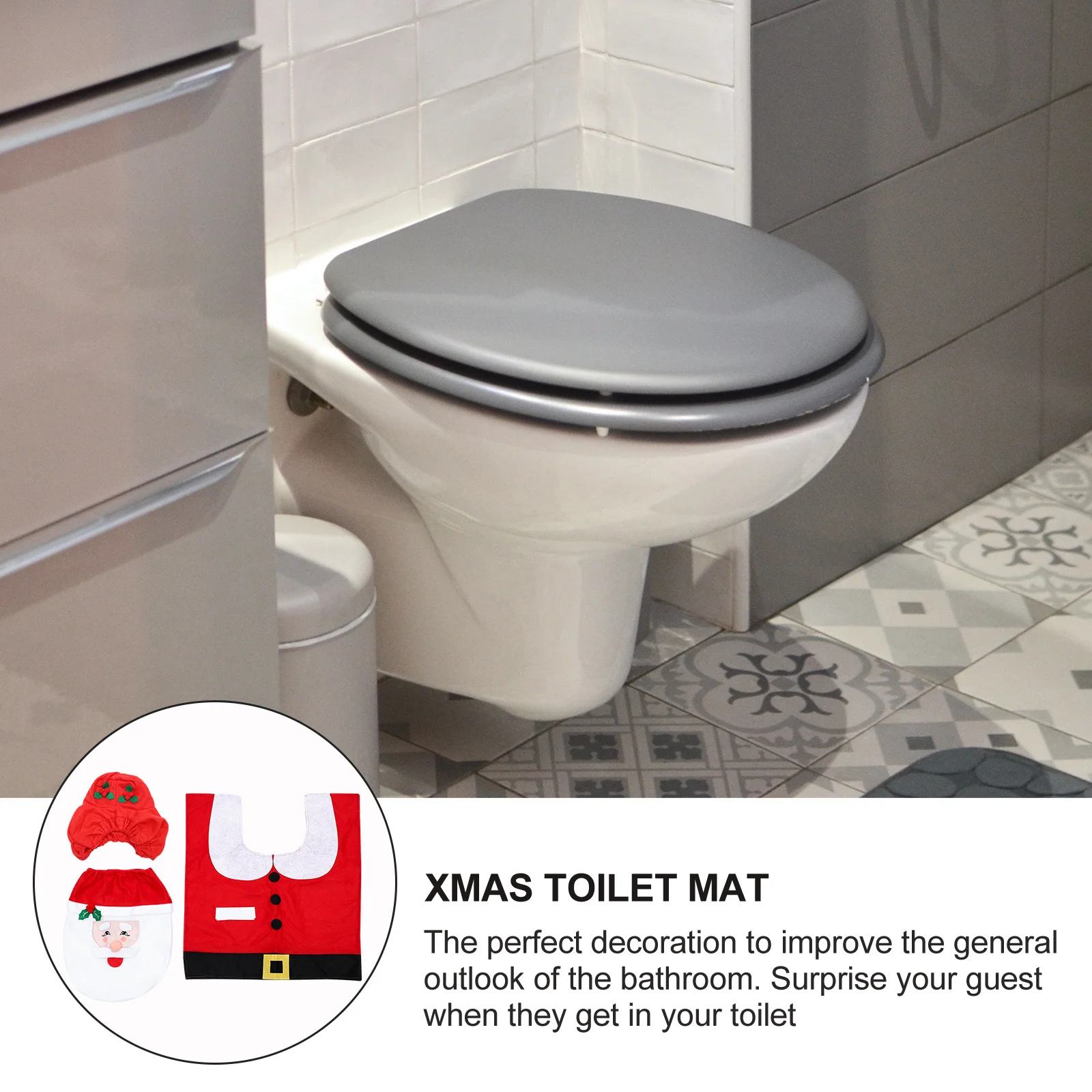 

1Set Toilet Seat Cover and Floor Mat Set Christmas Theme Bathroom Decor Comfortable Touch Easy to Clean Holiday Gift