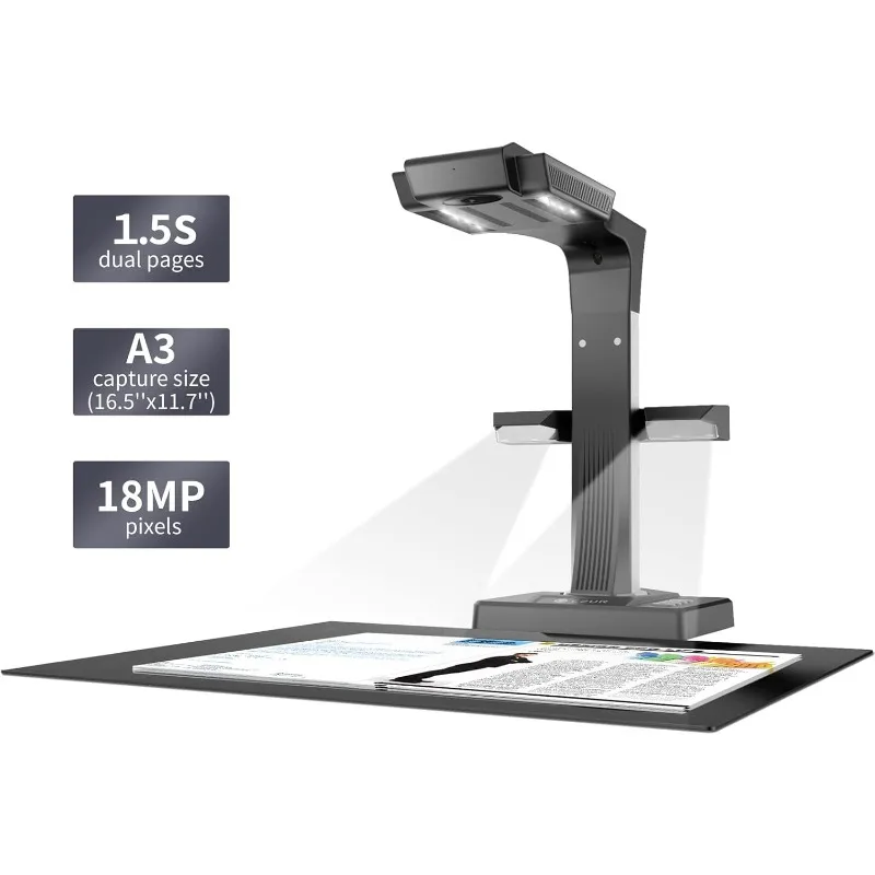 ET18 Pro Professional Document Scanner, 2nd Gen Auto-Flatten & Deskew Tech, 18MP HD Camera, Capture A3, 186 Languages