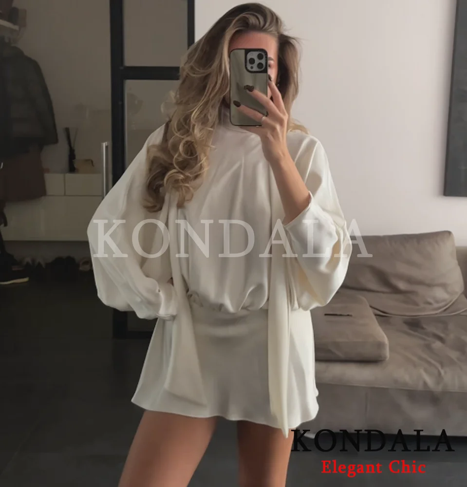 KONDALA-Vestido corto con cuello de bufanda de satén Beige, vestido de fiesta elegante de manga larga para mujer, moda de otoño 2025, vestido de calle para mujer
