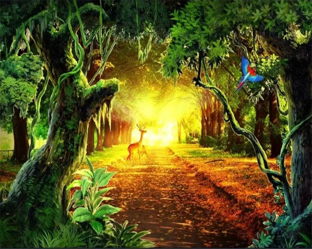 Customized Size Wallpaper Sunshine Forest Mural Home Decoration Cartoon Tree Elves Tapestry Hanging Painting 3d wallpaper