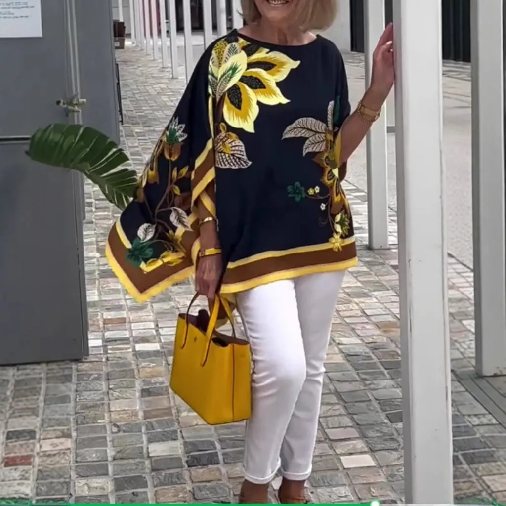 

Women's Elegant Printed Top High-End European And American Style Short-Sleeved Mid-Length Casual Spring Summer