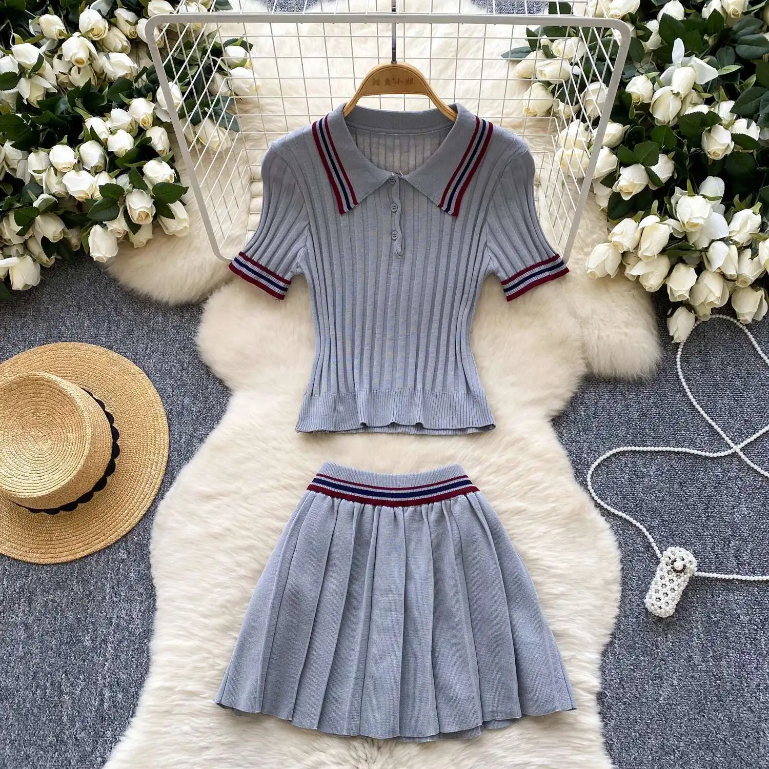 

Korean College Style Knit 2Pcs Suit Polo Neck Short Sleeve Tops+Pleated Skirt Women Summer Color Block Vintage Set