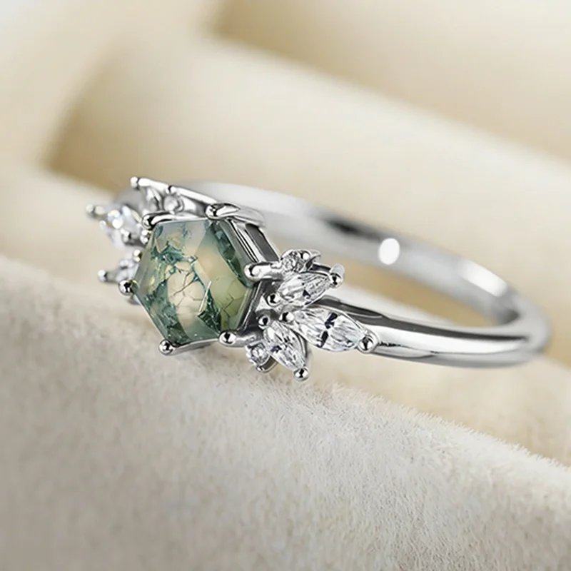 

Обручальное кольцо с шестигранной огранкой из мха и агата, стерлинговое серебро 925 пробы, обручальные кольца с природным зеленым камнем, подарок для женщин, кольцо с цирконом