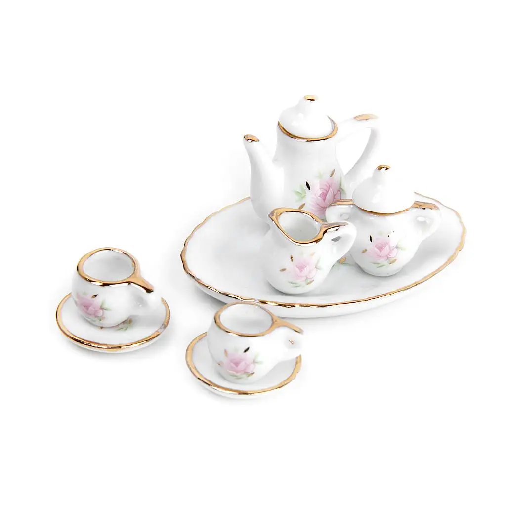 1/12 Dollhouse Miniature Dining Ware Porcelain Tea Set Dish Cup Plate Floral Restaurant Kitchen Decor Kids Pretend Play Toys