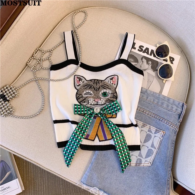 

2024 Summer Stylish Sexy Slim Knit Vests Women Cartoon Bowtie Beaded Crop Tops Sleeveless Fashion Chic Ladies Knitwear Vest