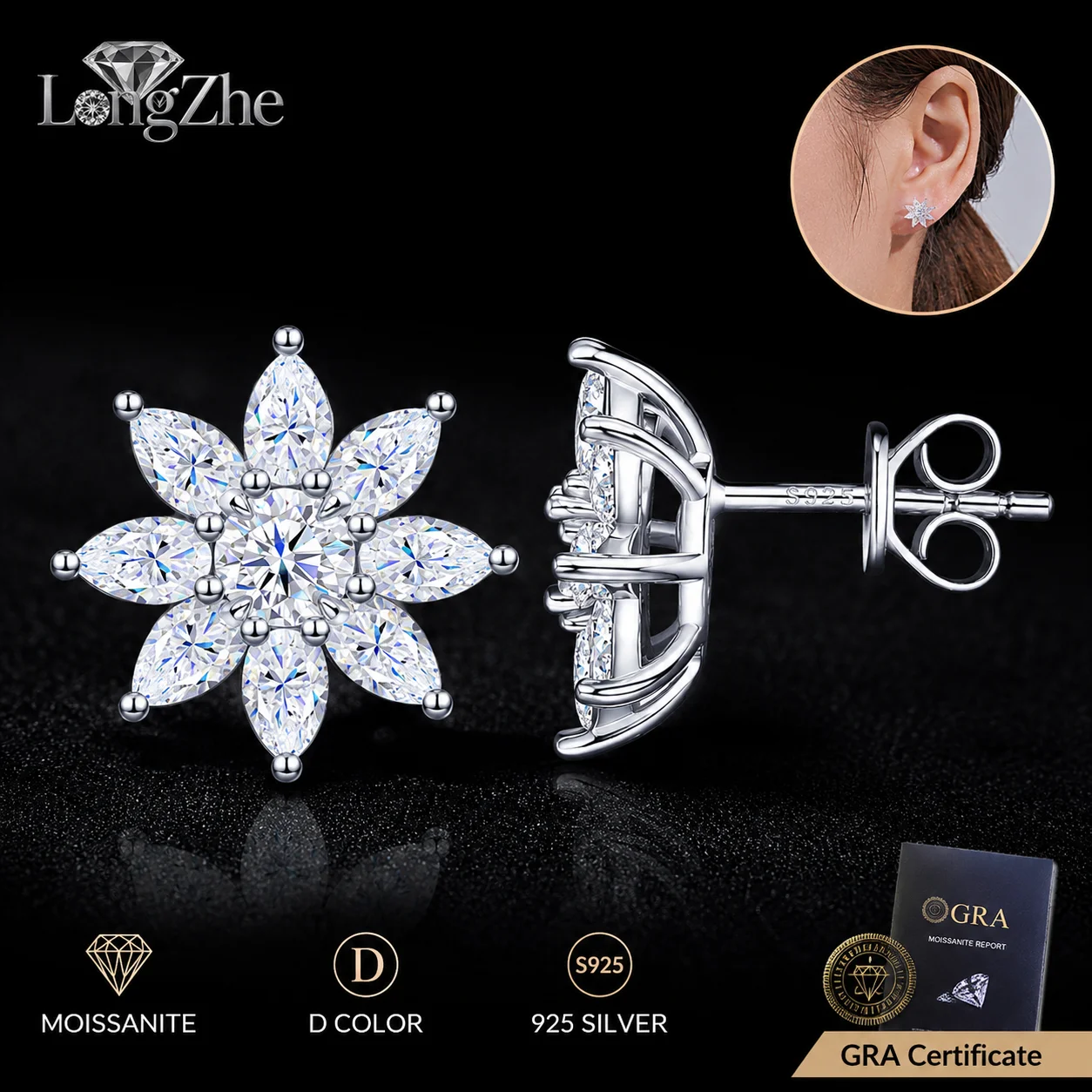 Moissanite Snowflake Stud Earrings for Women S925 Sterling Silver D Color Round Marquise Cut Anniversary Fine Jewelry Gift