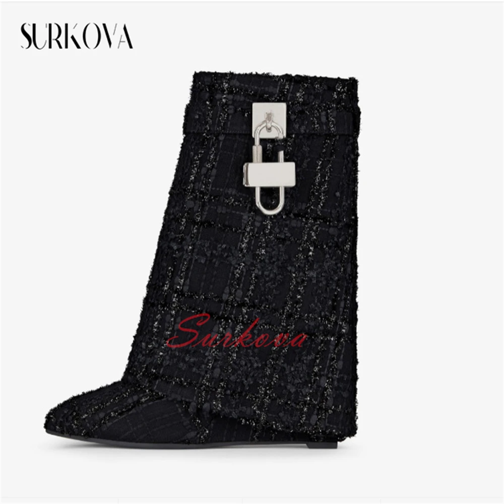 

Black Fiber Cloth Shark Boots Pointed Toe Wedge High Heel Boots Fashion Trouser Ankle Boots for Women Luxurious Runway Shoes New