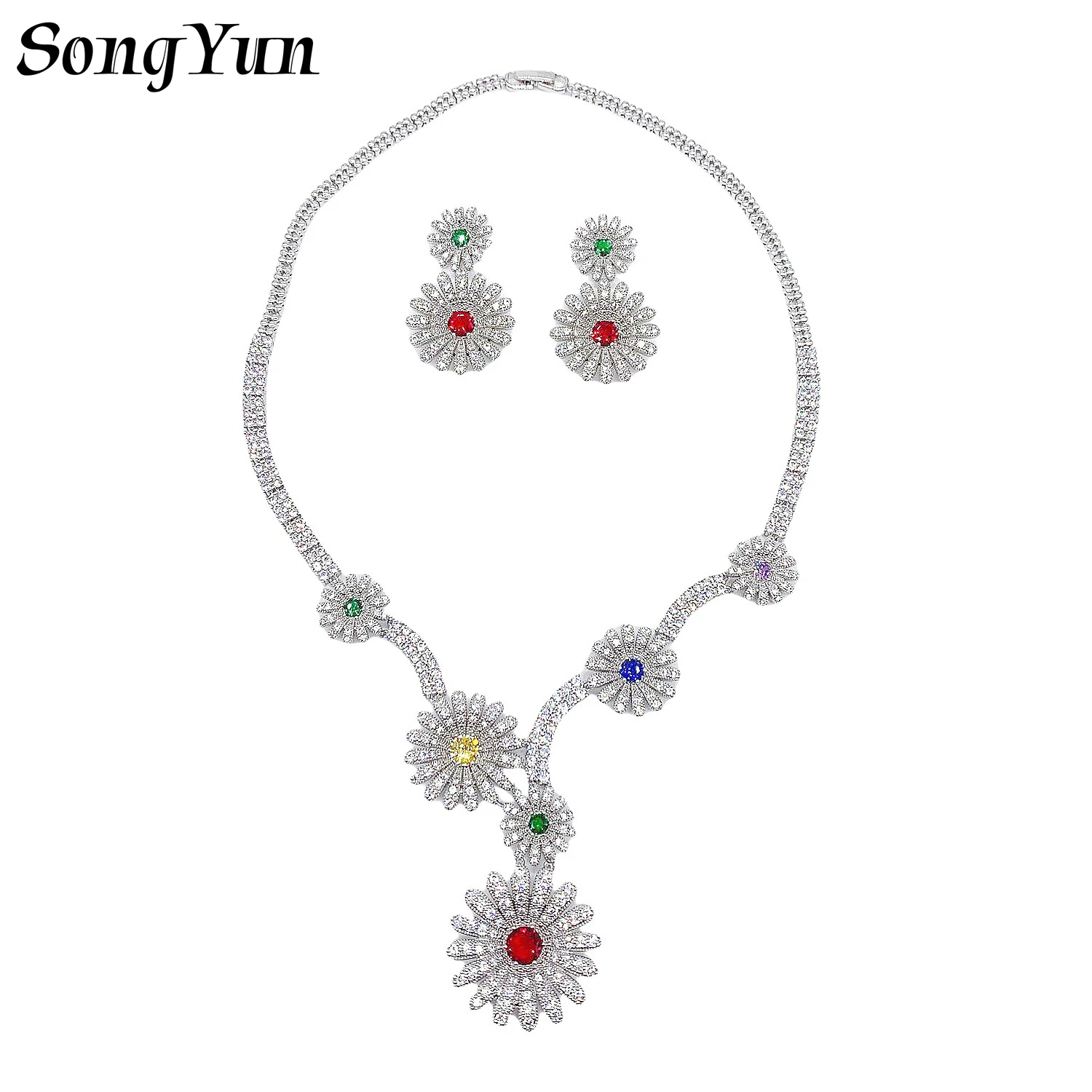 

Daisy Flower Cubic Zircon Necklace Earrings Set Shining Crystal Rhinestone Party Wedding Dress Accessories Bridal Jewelry Sets