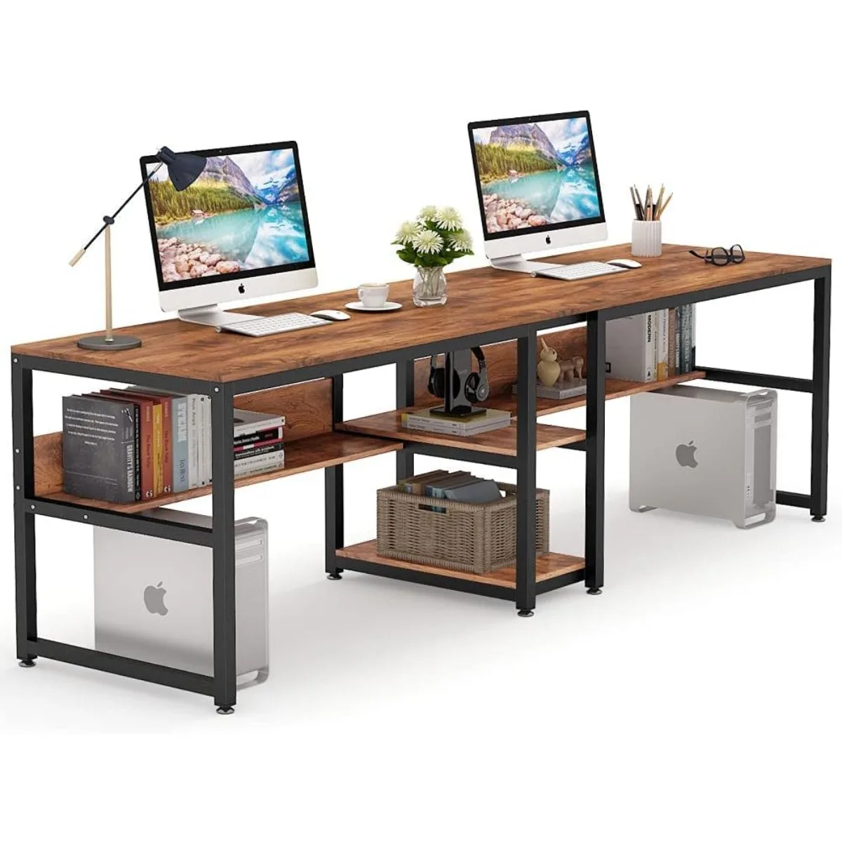 

Two Person Desk with Bookshelf, 78.7 Computer Office Double Desk for Two Person, Rustic Writing Desk Workstation with Shelf