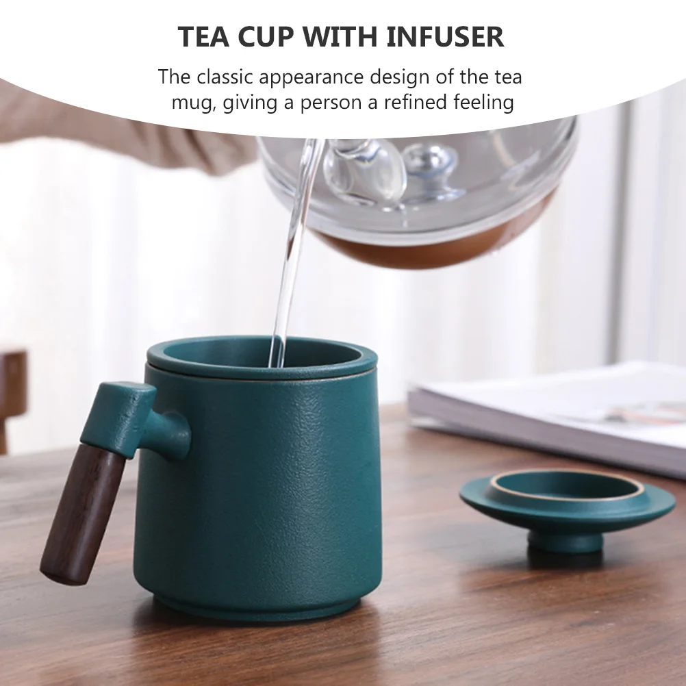

Ceramic Tea Mug Infuser Lid Wood Handle Exquisite Classic Design Anti-Scalding Retro Texture Easy Cleaning Daily Use