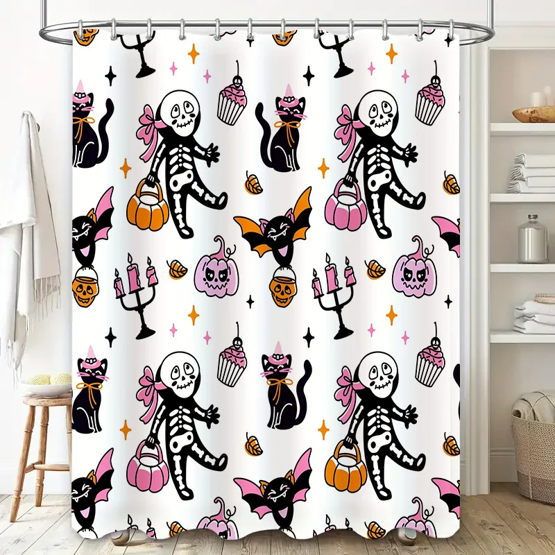 Hauntingly Cute Black Cat Halloween Decor Shower Curtain Skeleton Candy Pumpkin Print for Bat Housewarming Gift Idea