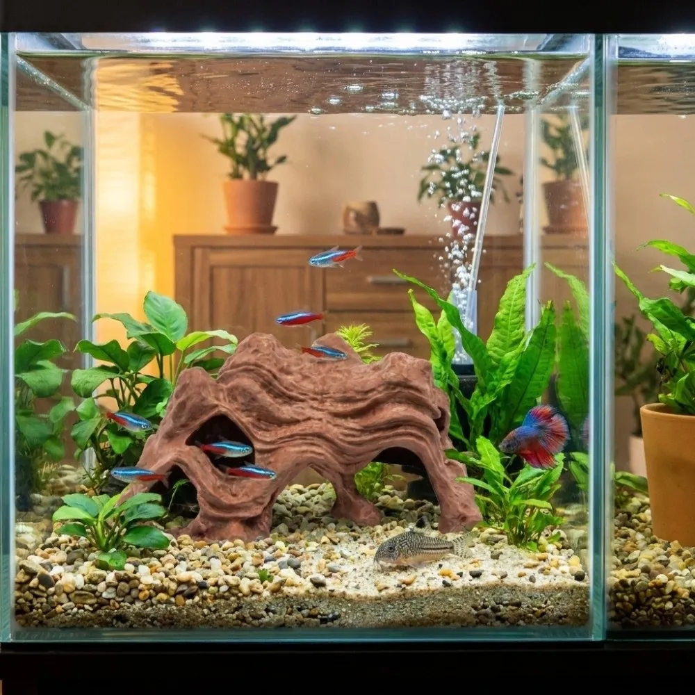 3D Printed Fish Shrimp Hiding Cave Plastic Unique Aquarium Fish Shelter Multi-Hole Natural Look Fish Tank Ornament Terrarium