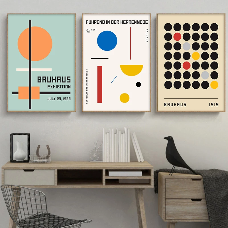 Bauhaus Poster Set of 3, Black Orange Blue Geometric Picture Printing, Modern Abstract Wall Frameless Decoration Painting