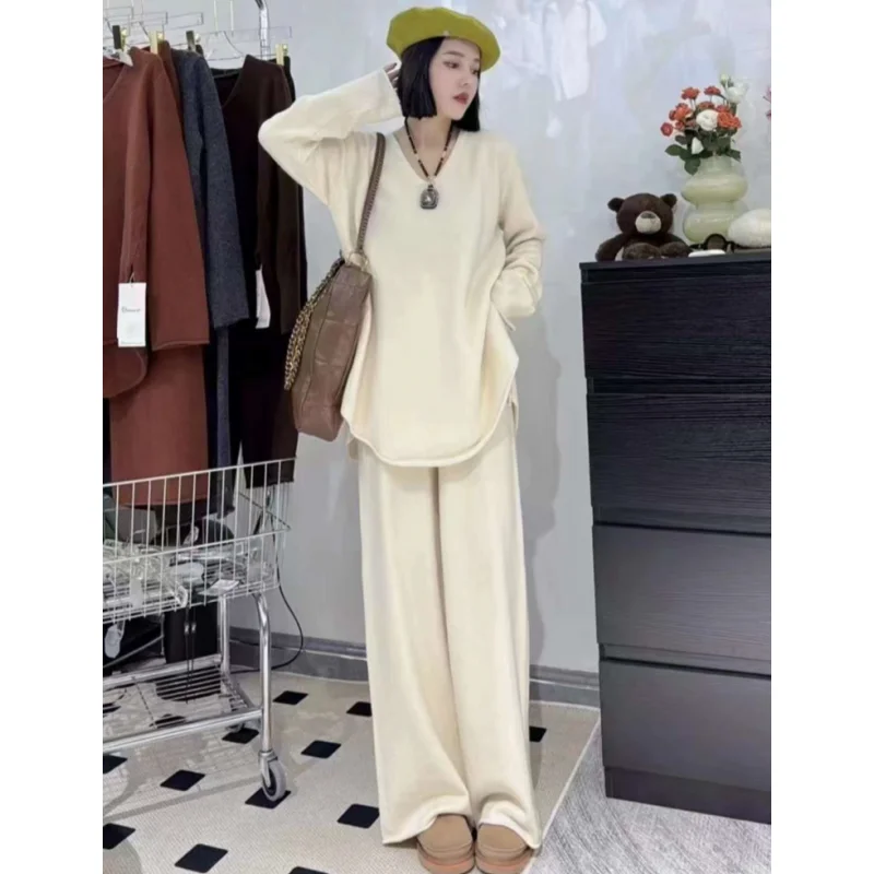 Autumn Winter Cashmere Sweater Sets Women Suit V-Neck Knit Pullover Fashion Straight Wide Leg Pants Luxury Knitted Two-Piece Set