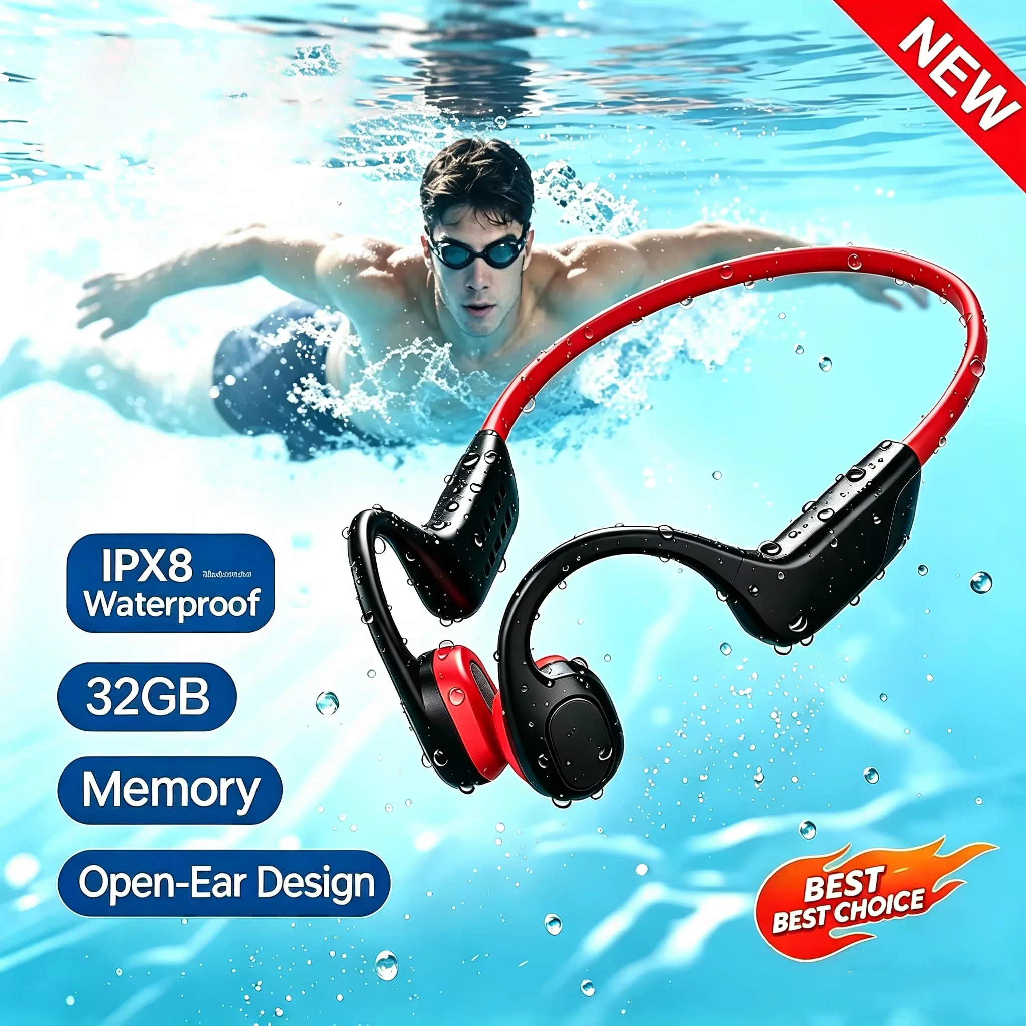 Neues Knochenleitungs-Headset Bluetooth 5.4 mit Mikrofon, wasserdicht, für Sport, Fitness, kabelloses Schwimm-Sport-Headset, Neu 2026