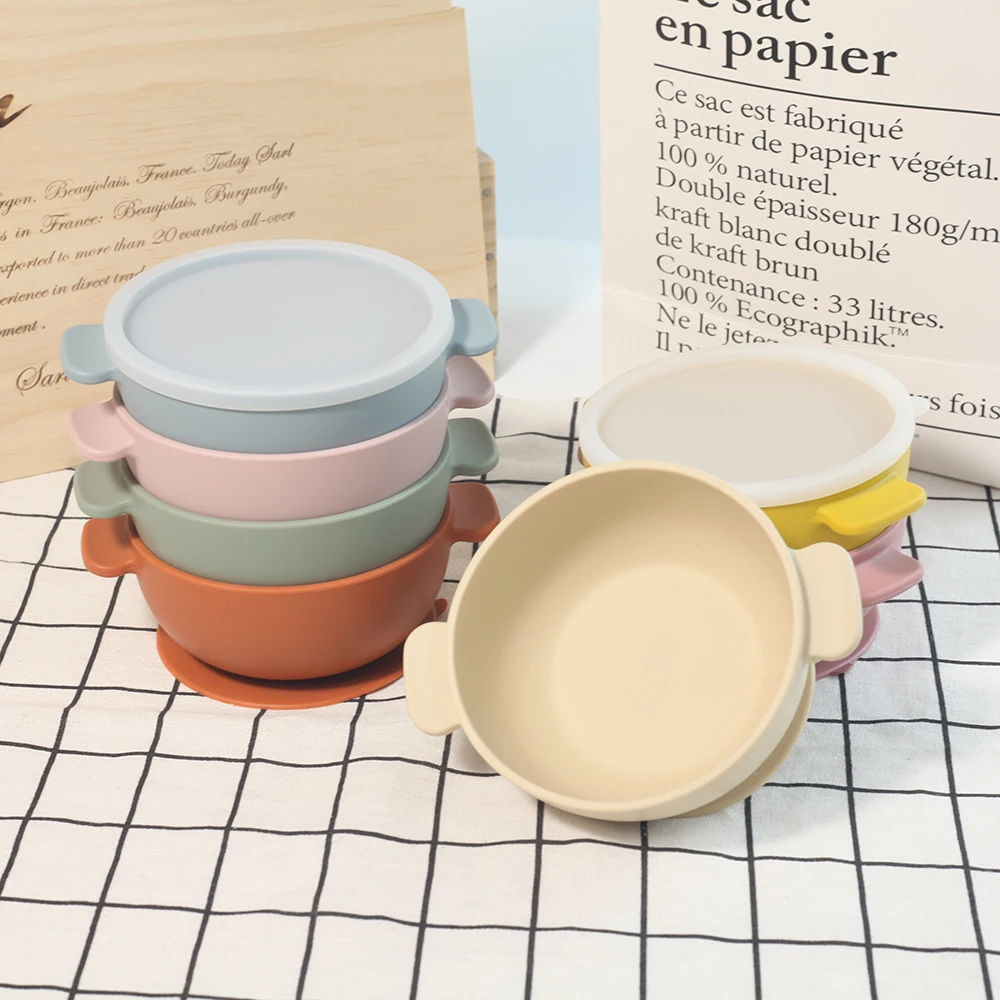 Food Grade Silicone Baby Feeding Bowls with Lid Anti-fall Strong Suction Dining Bowl for Toddler Kid Training Tableware BPA Free