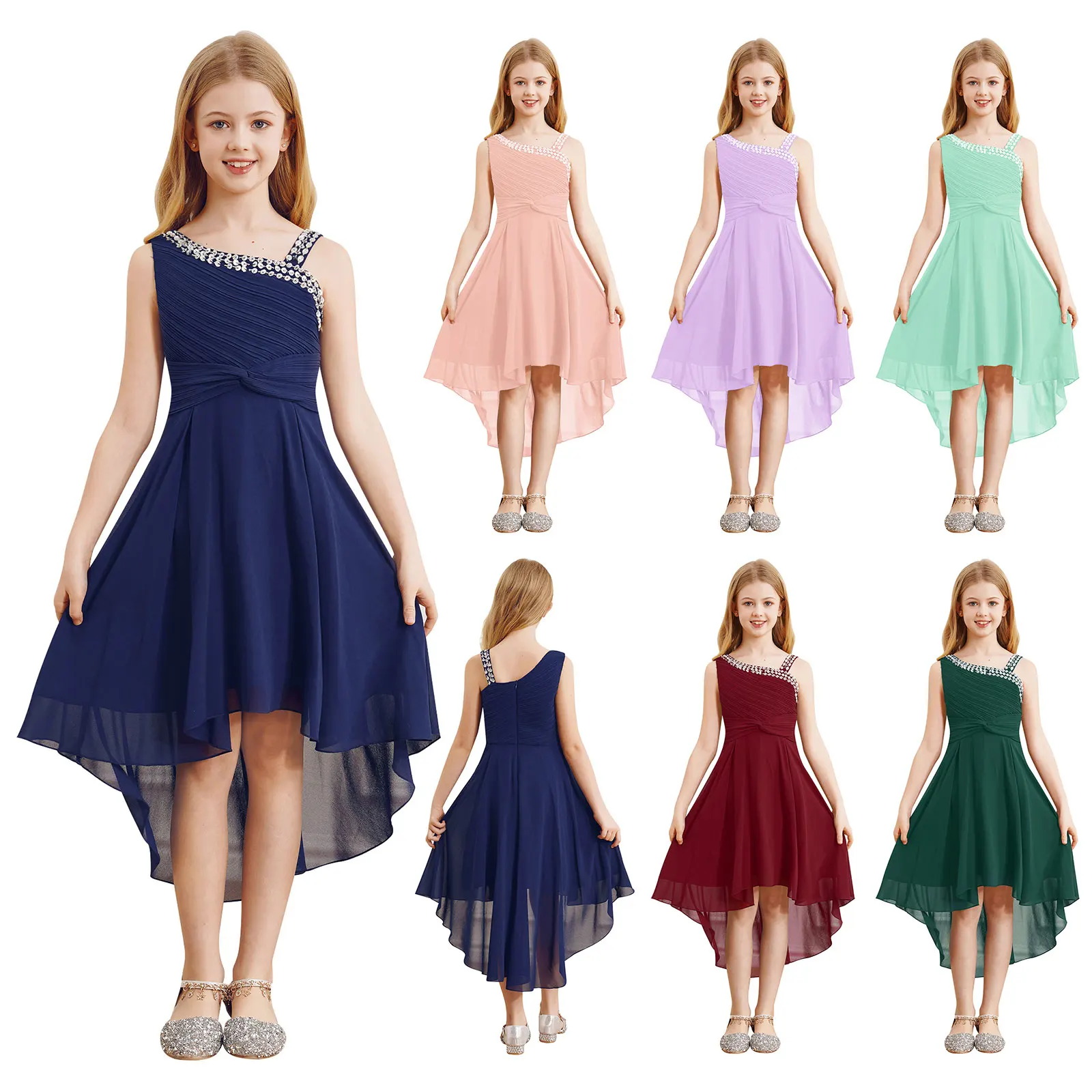 Kids Flower Girls Summer Chiffon Princess Dress Sequins Sleeveless Ruched Twisted Knot High-Low Hem Dresses Wedding Party Gowns