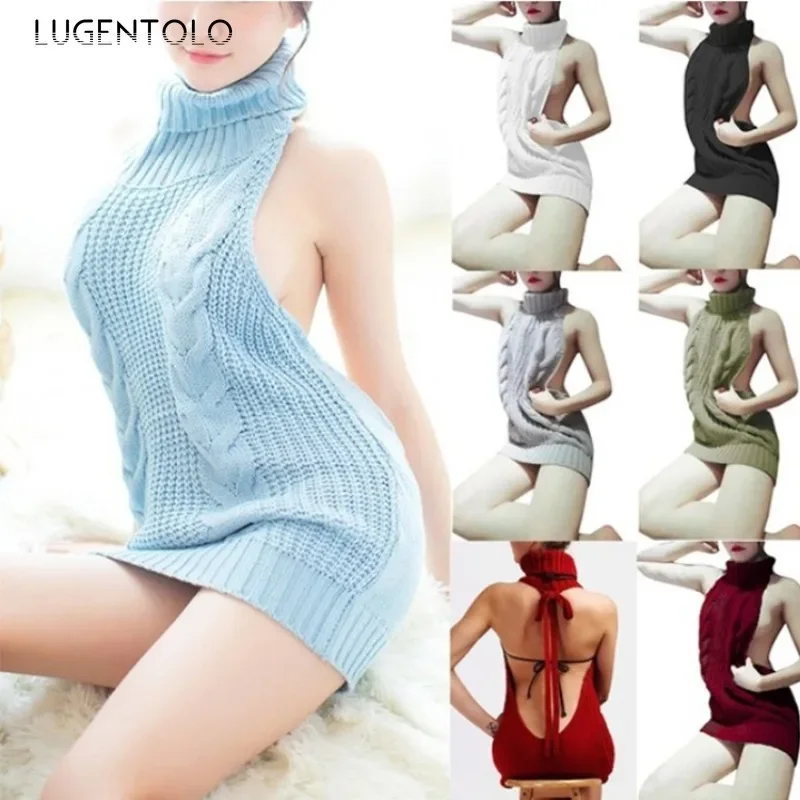 

Women Sexy Knit Sweaters Backless Turtleneck Solid Sleeveless New Spring Female Fashion Slim Pullover Clothing