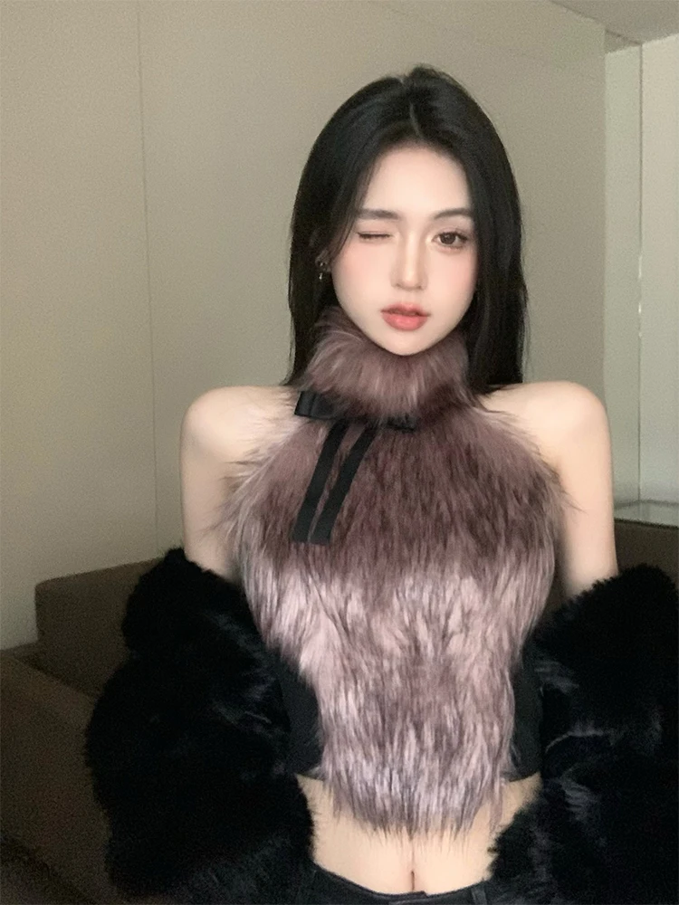 Women Faux Fur Crop Top Vintage Y2k Summer Camisole Streetwear Corset Top Sleeveless Off Shoulder Vest 90s Aesthetic 2000s 2024