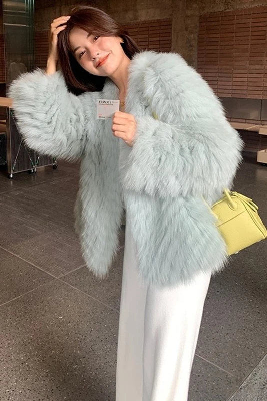 

Korean Sle ort Fur Coat Women's Faion Slimming Jaet Young Sle Autumn Winter New Arrival V-Ne Long Sve Coat